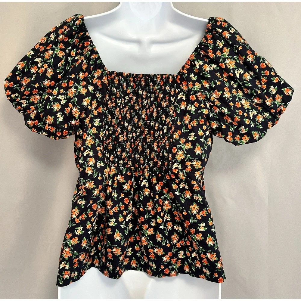 Old Navy Floral Puff Sleeve Blouse Womens Sz Large Heart‎ Neck Multicolor